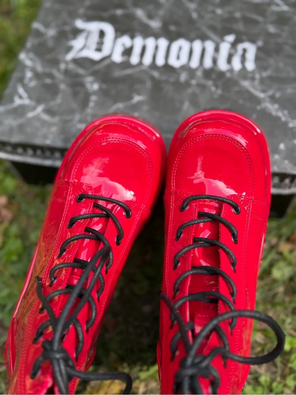 Demonia Red Patent Platform Camel Boots